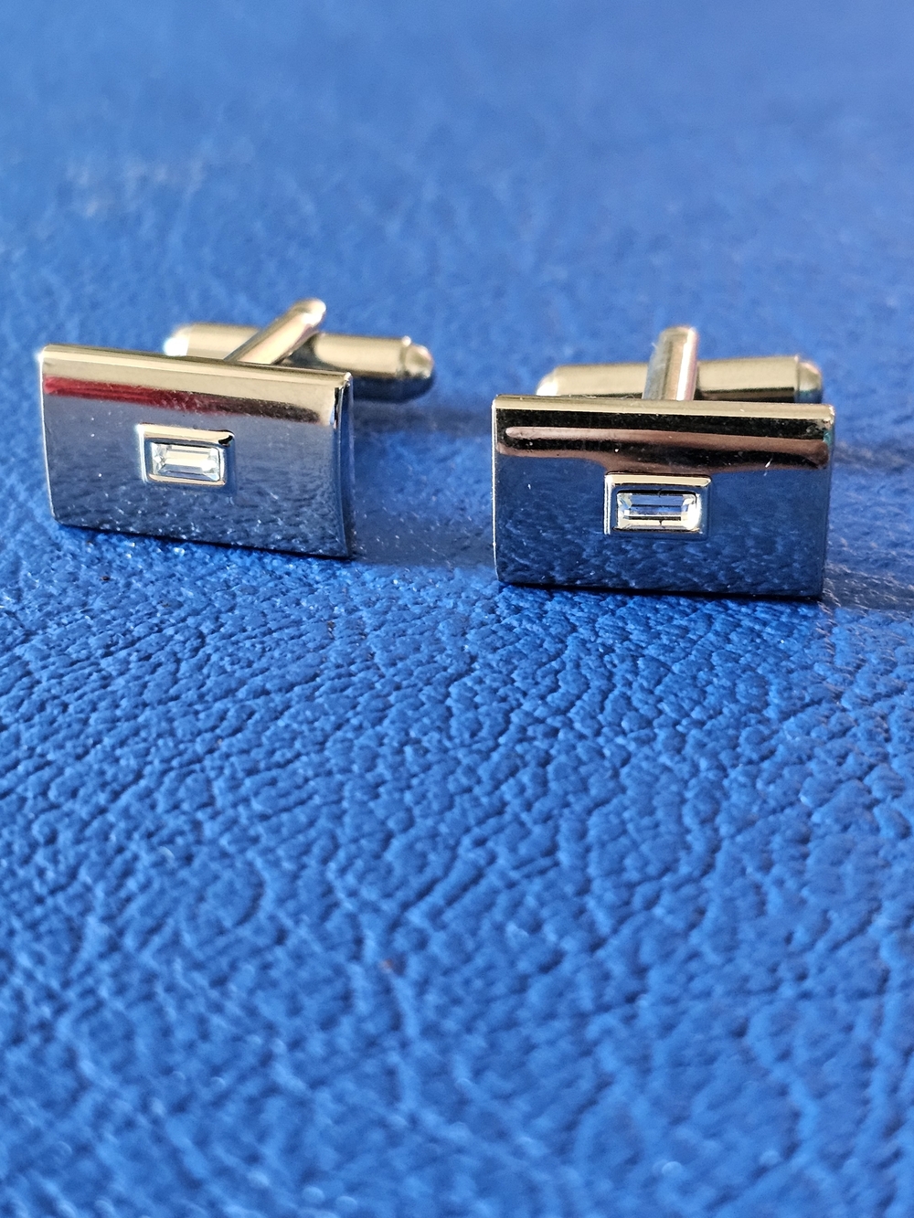 Silver-Tone Rectangular Cufflinks with Baguette Crystal | Formal Men's